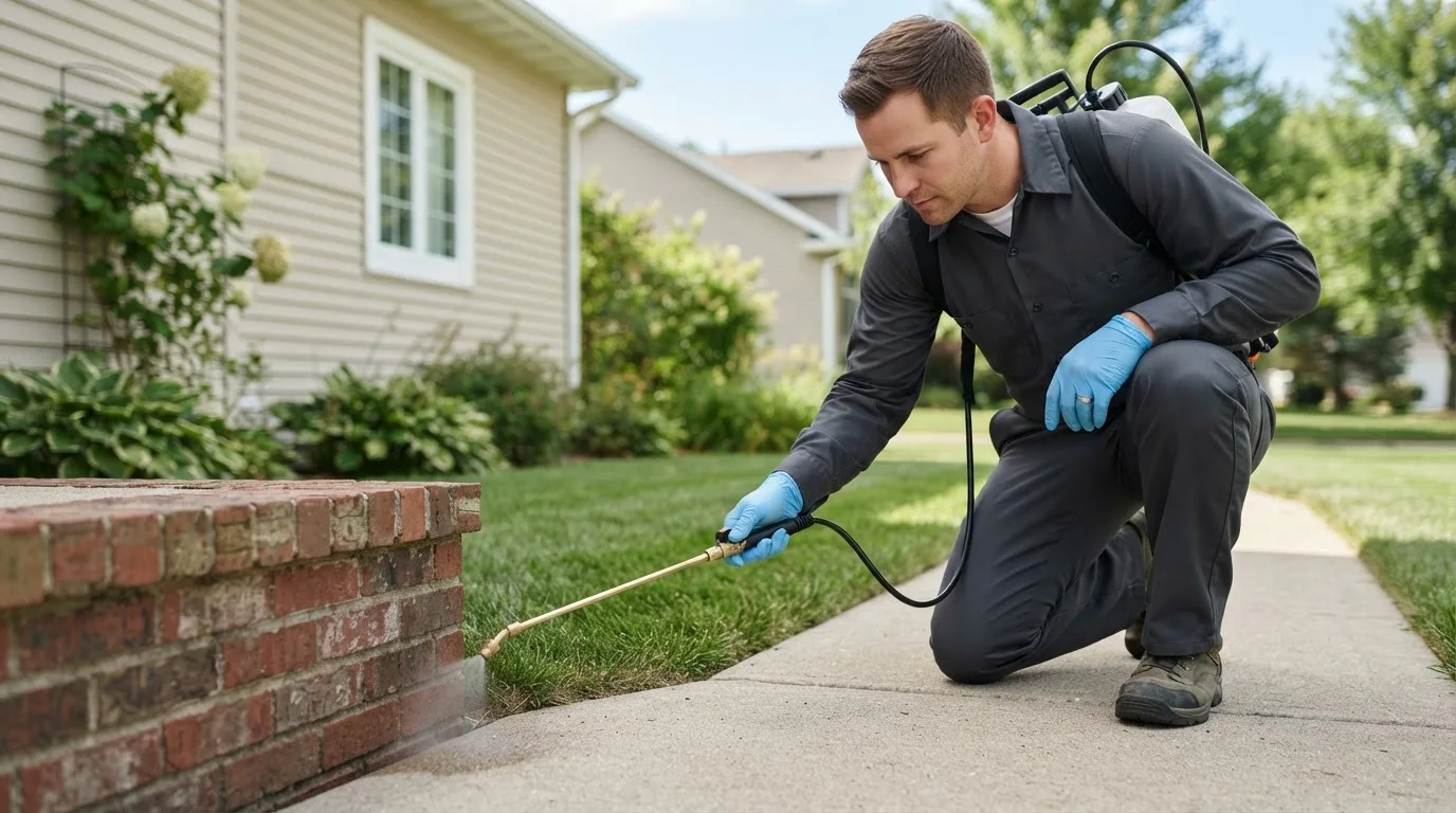 Pest control technician treating a home near Whitehorse, SD